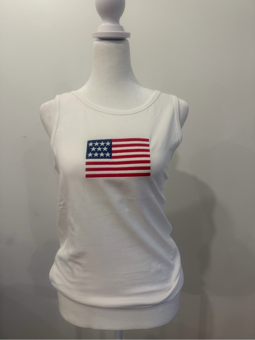 Zenana Outfitters White Tank with Red & Blue Flag Graphic